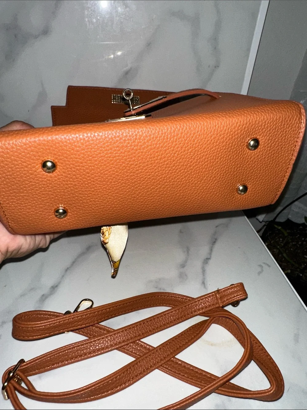 Classic Tan Top-Handle Women's Bag with Silk Scarf Accent